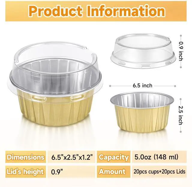 Alt view image 2 of 7 - 20pcs Gold Mini Cake Pans with Lids, 5oz Aluminum Foil Round Cupcake Liners Muffin Cups, Disposable Ramekins Baking Cups Muffin Pans for Wedding Birthday Party