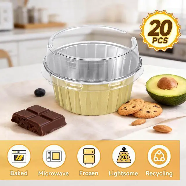 Alt view image 5 of 7 - 20pcs Gold Mini Cake Pans with Lids, 5oz Aluminum Foil Round Cupcake Liners Muffin Cups, Disposable Ramekins Baking Cups Muffin Pans for Wedding Birthday Party