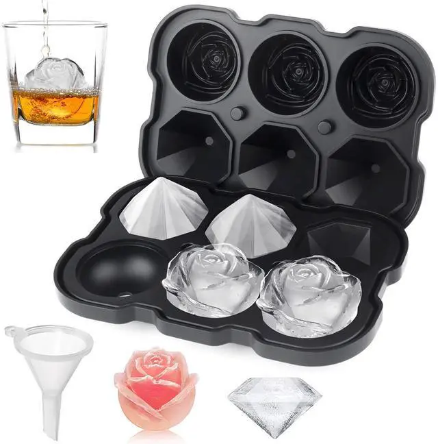 Main image of Ice Cube Tray, Mikiwon 2 inch Rose Ice Cube Trays With Covers, 3 Cavity Silicone Rose Ice Tray & 3 Diamond Ice Ball Maker, Easy Release Large Ice Cube Form for Chilled Cocktails, Whiskey Juice Black