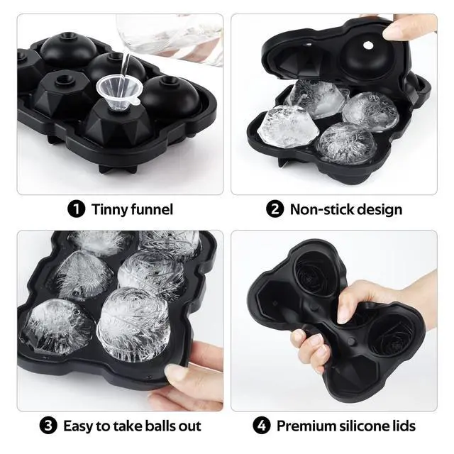 Alt view image 3 of 7 - Ice Cube Tray, Mikiwon 2 inch Rose Ice Cube Trays With Covers, 3 Cavity Silicone Rose Ice Tray & 3 Diamond Ice Ball Maker, Easy Release Large Ice Cube Form for Chilled Cocktails, Whiskey Juice Black