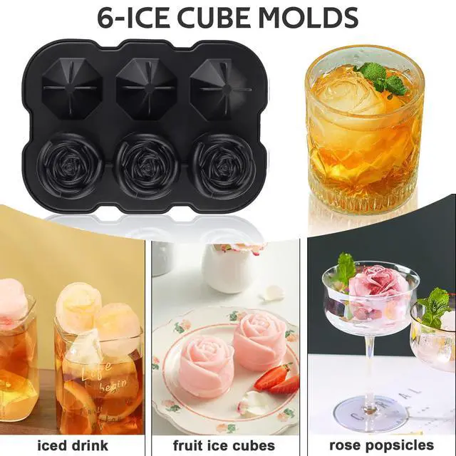 Alt view image 5 of 7 - Ice Cube Tray, Mikiwon 2 inch Rose Ice Cube Trays With Covers, 3 Cavity Silicone Rose Ice Tray & 3 Diamond Ice Ball Maker, Easy Release Large Ice Cube Form for Chilled Cocktails, Whiskey Juice Black