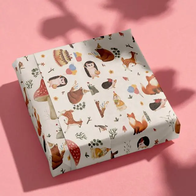 Alt view image 5 of 7 - Woodland Wrapping Paper for Kids - Warm Yellow Red Forest Animal Friends Gift Wrap for Baby Shower Birthday - 6 Folded Sheets 20 X 29 Inch, Easy to Store