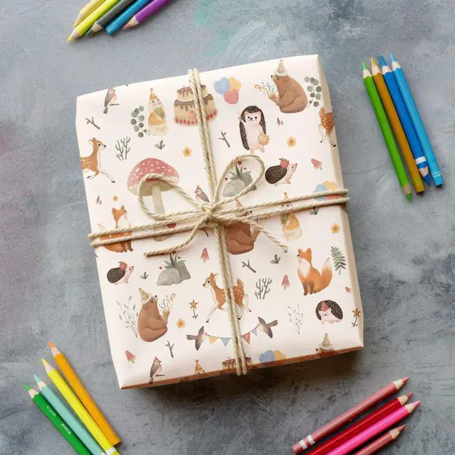 Alt view image 7 of 7 - Woodland Wrapping Paper for Kids - Warm Yellow Red Forest Animal Friends Gift Wrap for Baby Shower Birthday - 6 Folded Sheets 20 X 29 Inch, Easy to Store