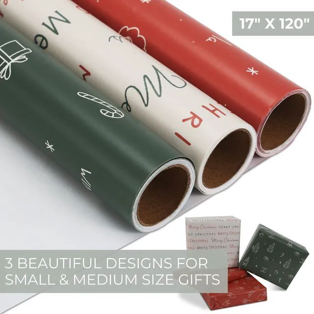 Alt view image 7 of 7 - Beautiful Christmas Gift Wrapping Paper Rolls For Small & Medium Size Gifts | Set of 3 Quality Paper Rolls with Cute Designs, 17 in X 120 in Each - Add a Touch of Magic to Everything You Wrap