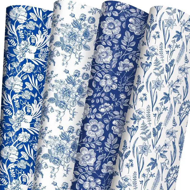 Main image of Blue White Floral Wrapping Paper for Women, Girls - Gift Wrap With Flowers and Plants for Birthday Wedding Bridal Shower - 20 x 29 Inches, 8 Folded Sheets, Easy to Store