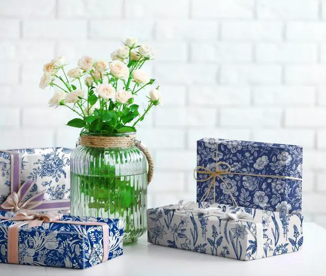Alt view image 2 of 7 - Blue White Floral Wrapping Paper for Women, Girls - Gift Wrap With Flowers and Plants for Birthday Wedding Bridal Shower - 20 x 29 Inches, 8 Folded Sheets, Easy to Store