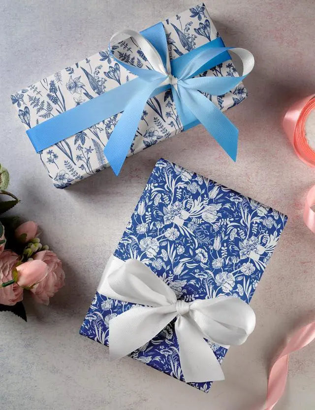 Alt view image 4 of 7 - Blue White Floral Wrapping Paper for Women, Girls - Gift Wrap With Flowers and Plants for Birthday Wedding Bridal Shower - 20 x 29 Inches, 8 Folded Sheets, Easy to Store