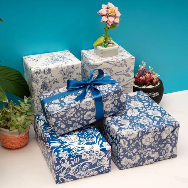 Alt view image 3 of 7 - Blue White Floral Wrapping Paper for Women, Girls - Gift Wrap With Flowers and Plants for Birthday Wedding Bridal Shower - 20 x 29 Inches, 8 Folded Sheets, Easy to Store