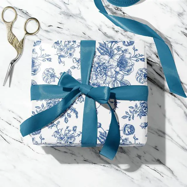 Alt view image 5 of 7 - Blue White Floral Wrapping Paper for Women, Girls - Gift Wrap With Flowers and Plants for Birthday Wedding Bridal Shower - 20 x 29 Inches, 8 Folded Sheets, Easy to Store