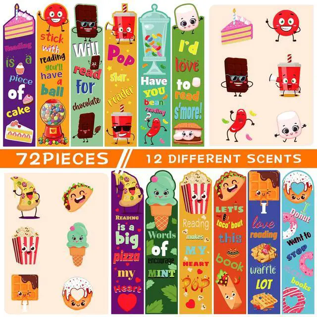 Alt view image 3 of 6 - 72 Pieces Scented Scratch and Sniff Bookmarks for Kids, 12 Styles | Snack Fruit Scented Bookmarks Funny Classroom Smelly Bookmark for Students Teenager School Office Home