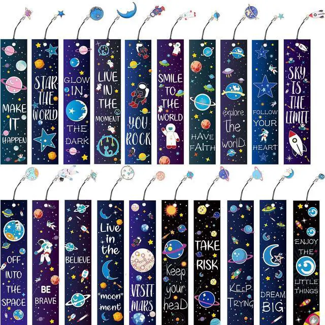 Main image of 20 Pcs Bulk Space Bookmarks for Kids Outer Space Party Favors Astronaut Planet Rocket Galaxy Theme Birthday Party Favors Inspirational Bookmarks with Charms for Boys Girls Student Reward Gift