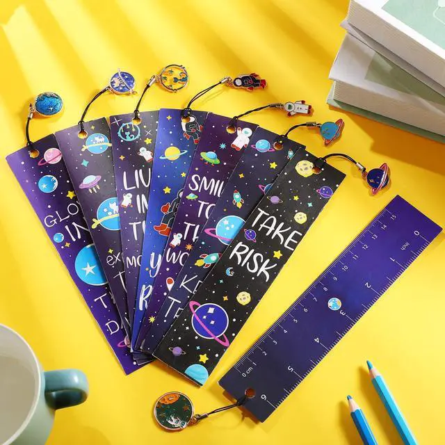 Alt view image 4 of 6 - 20 Pcs Bulk Space Bookmarks for Kids Outer Space Party Favors Astronaut Planet Rocket Galaxy Theme Birthday Party Favors Inspirational Bookmarks with Charms for Boys Girls Student Reward Gift