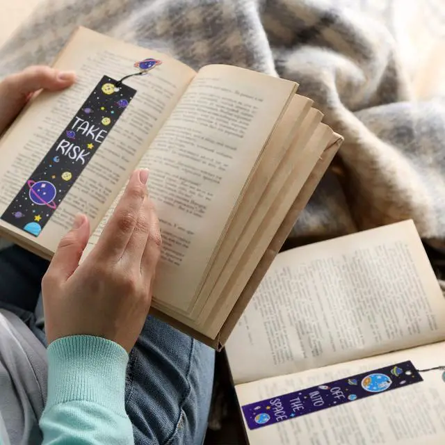 Alt view image 5 of 6 - 20 Pcs Bulk Space Bookmarks for Kids Outer Space Party Favors Astronaut Planet Rocket Galaxy Theme Birthday Party Favors Inspirational Bookmarks with Charms for Boys Girls Student Reward Gift