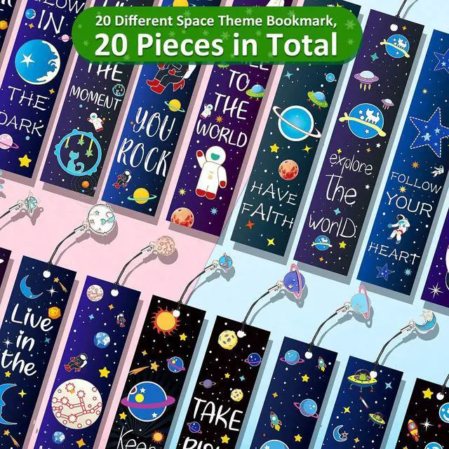 Alt view image 3 of 6 - 20 Pcs Bulk Space Bookmarks for Kids Outer Space Party Favors Astronaut Planet Rocket Galaxy Theme Birthday Party Favors Inspirational Bookmarks with Charms for Boys Girls Student Reward Gift