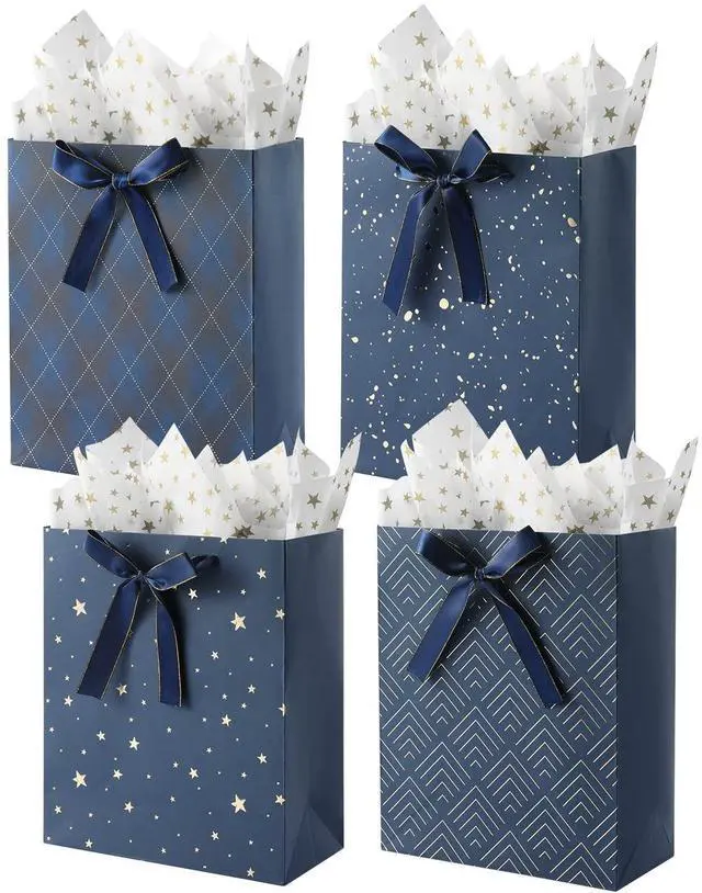 Main image of 4 Pack 9" Medium Size Gift Bags Assorted Premium Blue Gift Bags with Tissue Paper Use for Birthdays, Baby Shower,weddings,Party Favor, Holiday Presents-7" X 4" X 9"