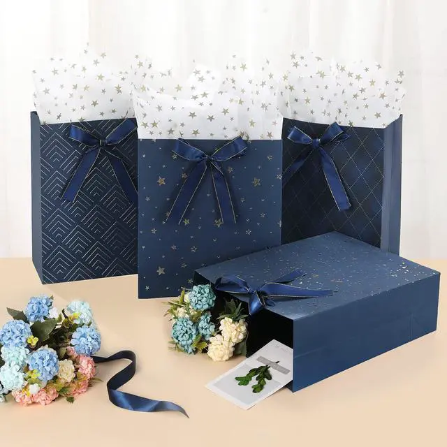 Alt view image 2 of 7 - 4 Pack 9" Medium Size Gift Bags Assorted Premium Blue Gift Bags with Tissue Paper Use for Birthdays, Baby Shower,weddings,Party Favor, Holiday Presents-7" X 4" X 9"