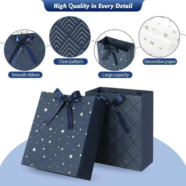 Alt view image 4 of 7 - 4 Pack 9" Medium Size Gift Bags Assorted Premium Blue Gift Bags with Tissue Paper Use for Birthdays, Baby Shower,weddings,Party Favor, Holiday Presents-7" X 4" X 9"