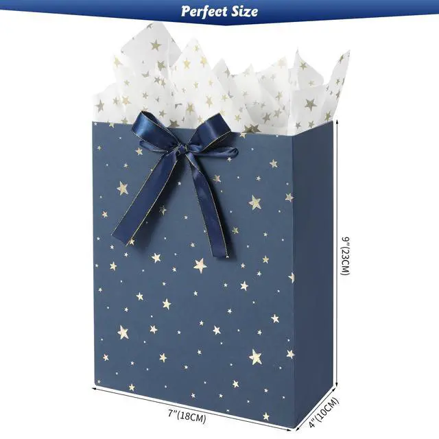 Alt view image 5 of 7 - 4 Pack 9" Medium Size Gift Bags Assorted Premium Blue Gift Bags with Tissue Paper Use for Birthdays, Baby Shower,weddings,Party Favor, Holiday Presents-7" X 4" X 9"