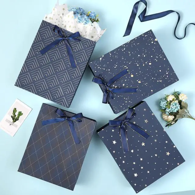 Alt view image 3 of 7 - 4 Pack 9" Medium Size Gift Bags Assorted Premium Blue Gift Bags with Tissue Paper Use for Birthdays, Baby Shower,weddings,Party Favor, Holiday Presents-7" X 4" X 9"