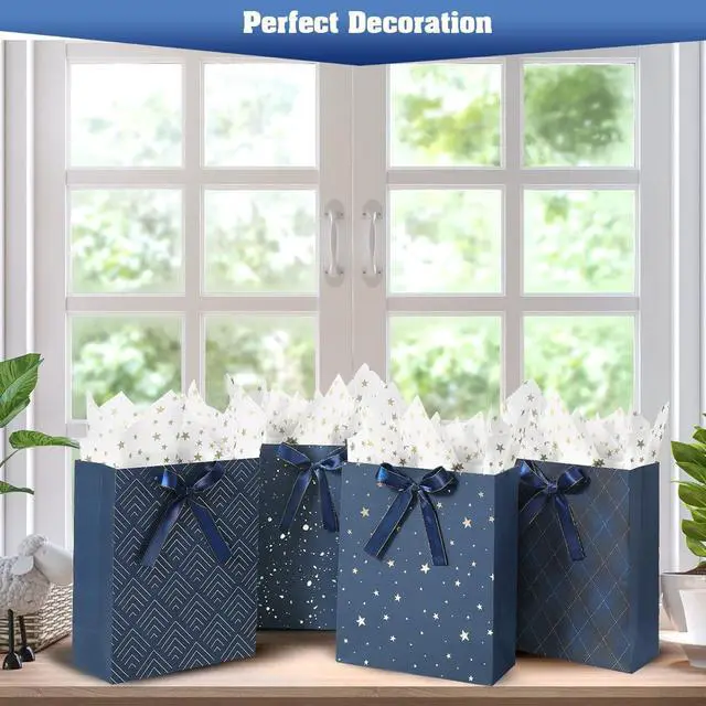 Alt view image 6 of 7 - 4 Pack 9" Medium Size Gift Bags Assorted Premium Blue Gift Bags with Tissue Paper Use for Birthdays, Baby Shower,weddings,Party Favor, Holiday Presents-7" X 4" X 9"