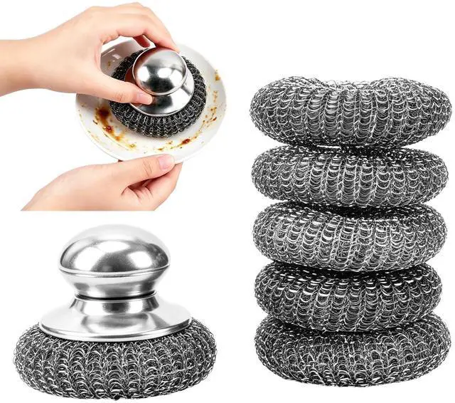 Main image of 6 Pcs Steel Wool Scrubber, Ergonomic Stainless Steel Scrubber Pads with Replacement Wire Sponge Pads, Ideal for Cleaning Cast Iron, Pots, Pans, Grills, Stoves, Sink, Kitchen Household