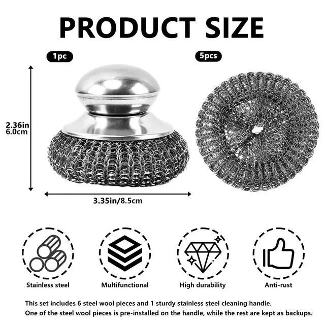 Alt view image 2 of 7 - 6 Pcs Steel Wool Scrubber, Ergonomic Stainless Steel Scrubber Pads with Replacement Wire Sponge Pads, Ideal for Cleaning Cast Iron, Pots, Pans, Grills, Stoves, Sink, Kitchen Household