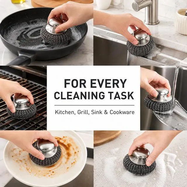 Alt view image 4 of 7 - 6 Pcs Steel Wool Scrubber, Ergonomic Stainless Steel Scrubber Pads with Replacement Wire Sponge Pads, Ideal for Cleaning Cast Iron, Pots, Pans, Grills, Stoves, Sink, Kitchen Household