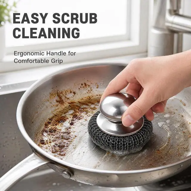 Alt view image 5 of 7 - 6 Pcs Steel Wool Scrubber, Ergonomic Stainless Steel Scrubber Pads with Replacement Wire Sponge Pads, Ideal for Cleaning Cast Iron, Pots, Pans, Grills, Stoves, Sink, Kitchen Household