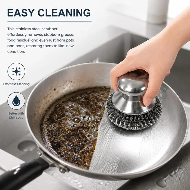 Alt view image 7 of 7 - 6 Pcs Steel Wool Scrubber, Ergonomic Stainless Steel Scrubber Pads with Replacement Wire Sponge Pads, Ideal for Cleaning Cast Iron, Pots, Pans, Grills, Stoves, Sink, Kitchen Household