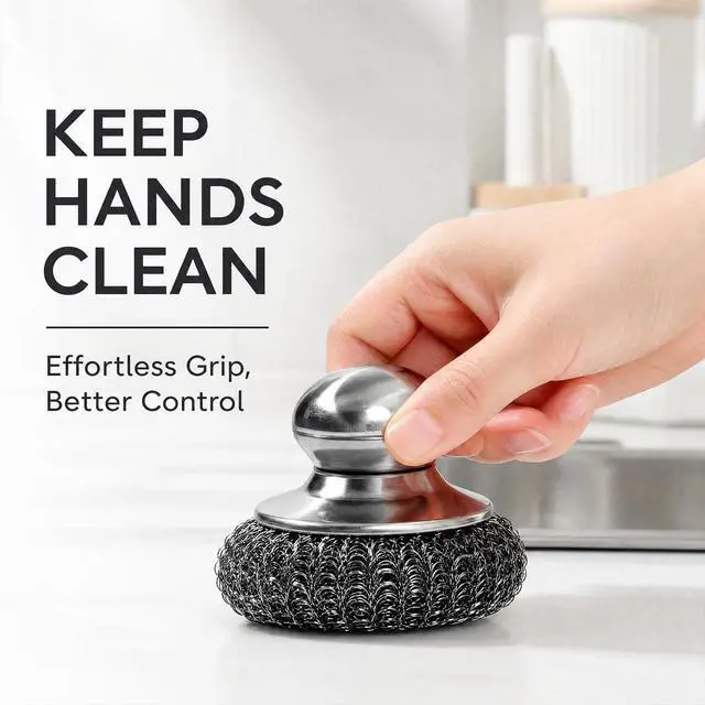 Alt view image 6 of 7 - 6 Pcs Steel Wool Scrubber, Ergonomic Stainless Steel Scrubber Pads with Replacement Wire Sponge Pads, Ideal for Cleaning Cast Iron, Pots, Pans, Grills, Stoves, Sink, Kitchen Household