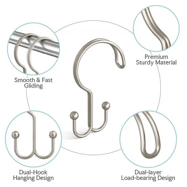 Alt view image 2 of 7 - Nickel Shower Curtain Hooks Ring, 12 Pcs Double Sided Shower Hooks, Rust Proof Metal Shower Hooks for Bathroom, Anti-Drop Shower Rings for Shower Curtain & Liners