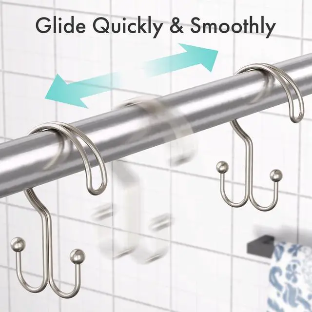 Alt view image 5 of 7 - Nickel Shower Curtain Hooks Ring, 12 Pcs Double Sided Shower Hooks, Rust Proof Metal Shower Hooks for Bathroom, Anti-Drop Shower Rings for Shower Curtain & Liners