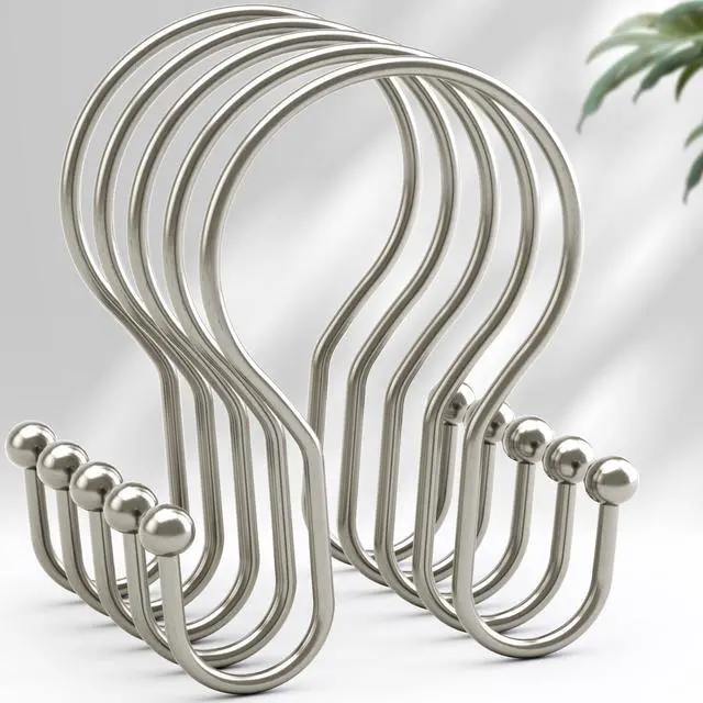 Main image of Shower Curtain Hooks Brushed Nickel Shower Curtain Rings, Simple Double Hook Shower Curtain Hooks Rust Proof, Smooth Glide Metal Shower Hooks for Shower Curtain, 12Pcs Shower Rod Hooks