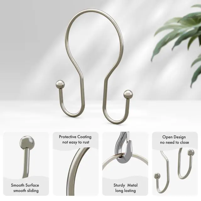 Alt view image 2 of 7 - Shower Curtain Hooks Brushed Nickel Shower Curtain Rings, Simple Double Hook Shower Curtain Hooks Rust Proof, Smooth Glide Metal Shower Hooks for Shower Curtain, 12Pcs Shower Rod Hooks