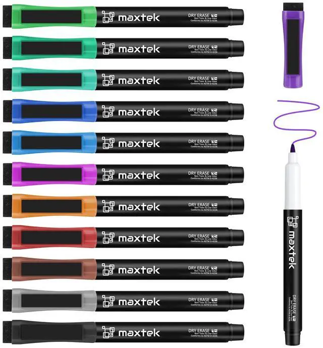 Main image of Magnetic Dry Erase Markers with Eraser, Ultra Fine Tip, 12 Colors