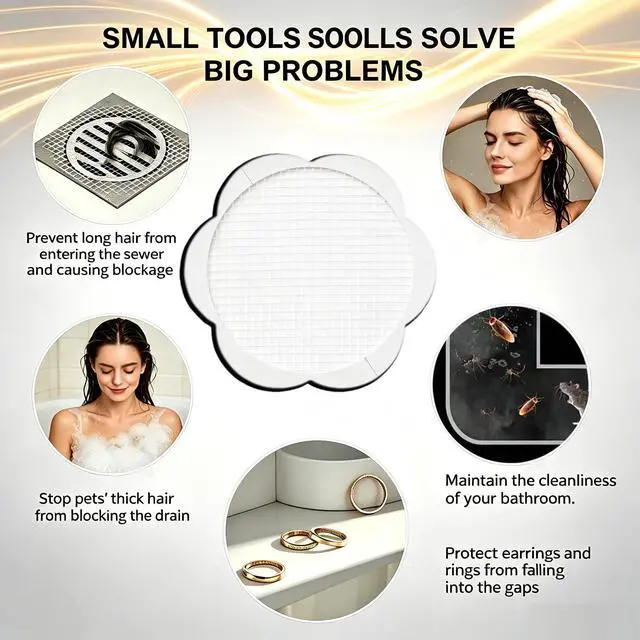 Alt view image 2 of 6 - Disposable Shower Drain Hair Catcher Mesh Stickers 20 Pack | FlowerShape Adhesive Drain Protector, Traps Human & Pet Hair, Prevents Clogs, Smooth Water Flow for Shower, Bathtub & Sink