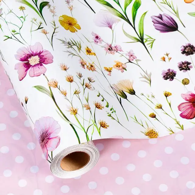 Main image of Flowers Wrapping Paper, Reversible Wave Point Gift Wrap for Birthday, Valentines, Mothers day, Graduation, Wedding, Fathers day, Baby Shower, Christmas (17in x 16.4ft)