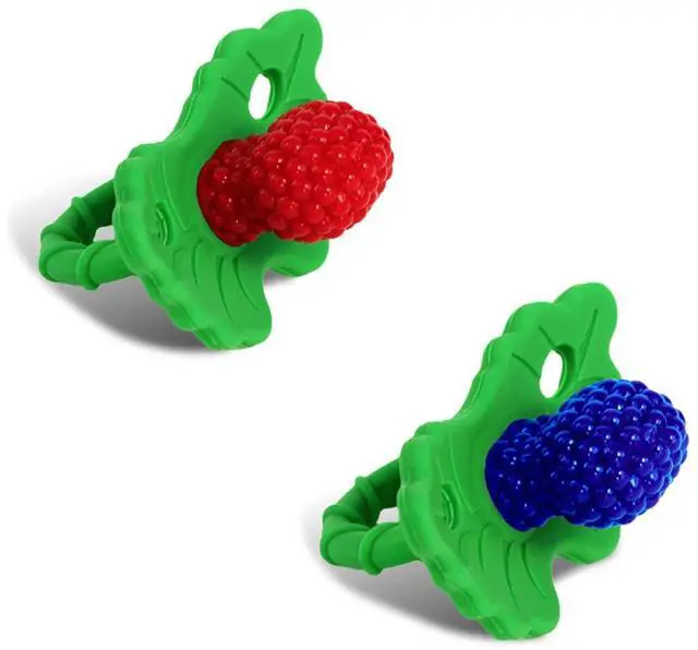 Main image of RaZberry Silicone Teether Pacifier Teething Relief for Infants, Food-Grade, BPA-Free, Hands-Free, Natural Berrybumps Fruit Texture for Sensory Development, Freezable, 2-Pack - Red & Blue