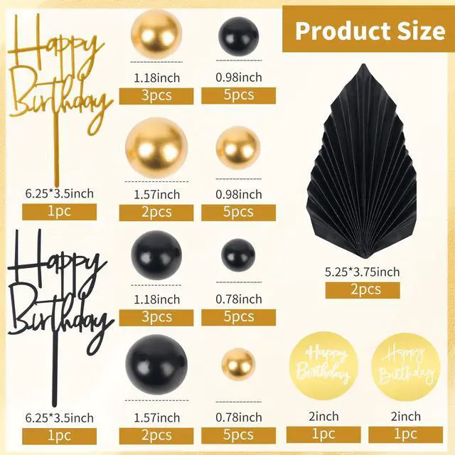 Alt view image 2 of 7 - 36 PCS Mini Ball Cake Topper Cupcake Insert Acrylic Cake Topper Cake Decorations for Black Boho Wedding Birthday Party Baby Shower Supplies (Black, Gold)