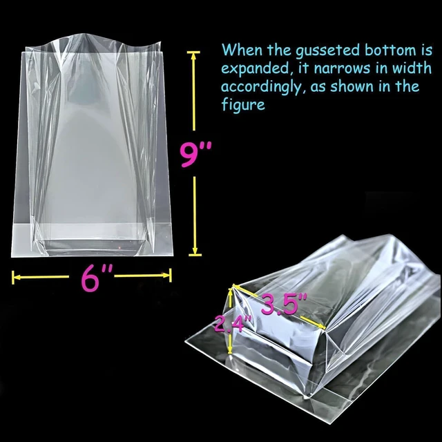 Alt view image 3 of 7 - Cellophane Treat Bags 6x9 Inch, 50 Pack, Clear Goodie Bags | Bottom Gusset Adds Capacity, Keeps Bags Upright; Thick OPP Holds Shape; 50 Gold Ties; Ideal for Cookies, Candy, Favors, Gifts