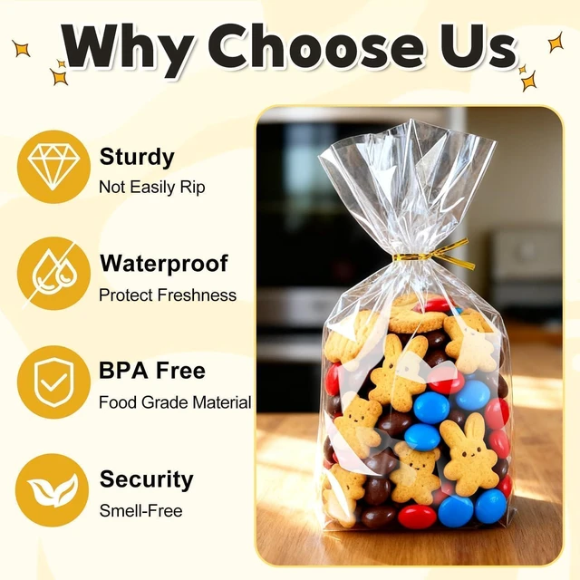 Alt view image 7 of 7 - Cellophane Treat Bags 6x9 Inch, 50 Pack, Clear Goodie Bags | Bottom Gusset Adds Capacity, Keeps Bags Upright; Thick OPP Holds Shape; 50 Gold Ties; Ideal for Cookies, Candy, Favors, Gifts