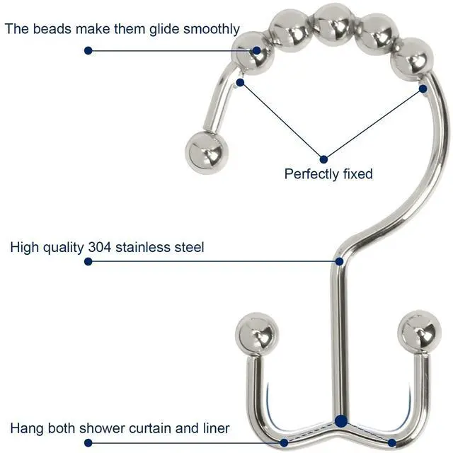 Alt view image 3 of 7 - Shower Curtain Hooks,Sturdy Stainless Steel Double Sided Shower Hooks Rings for Bathroom Shower Curtain Rods Curtains Set of 12 Hooks - Nickel