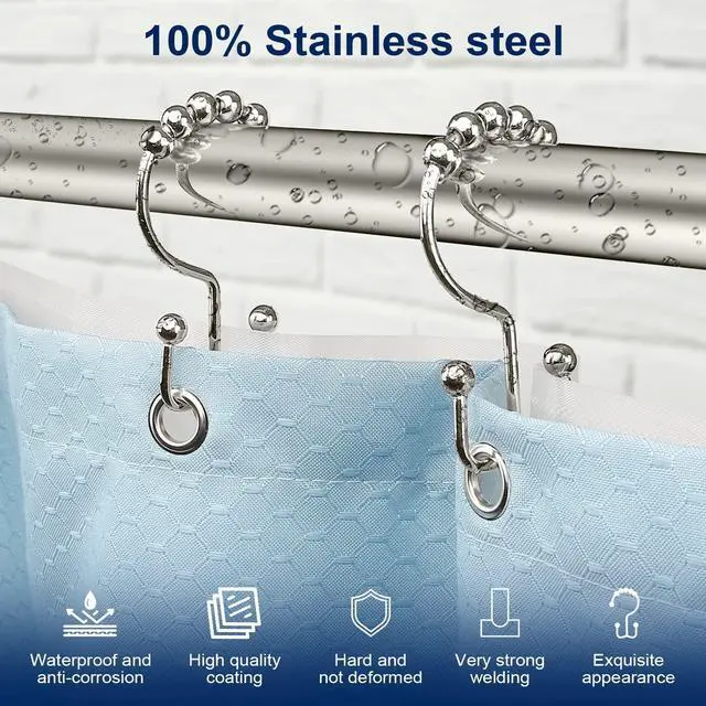 Alt view image 2 of 7 - Shower Curtain Hooks,Sturdy Stainless Steel Double Sided Shower Hooks Rings for Bathroom Shower Curtain Rods Curtains Set of 12 Hooks - Nickel