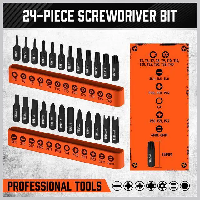 Alt view image 4 of 7 - 25-Piece Security Torx Screwdriver Bit Set | T5-T40 Torx Bit Set 1/4 inch Ratcheting Magnetic Bit Driver | 12Pcs T-Drive Bits and 12Pcs Common Bit