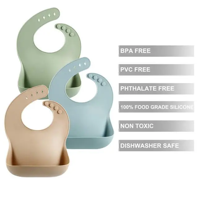 Alt view image 6 of 7 - Set of 3 Silicone Baby Bibs Waterproof, Soft, Unisex, 10-72 Months (Brown/Blue/Green)