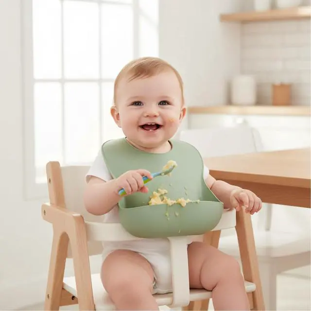 Alt view image 7 of 7 - Set of 3 Silicone Baby Bibs Waterproof, Soft, Unisex, 10-72 Months (Brown/Blue/Green)