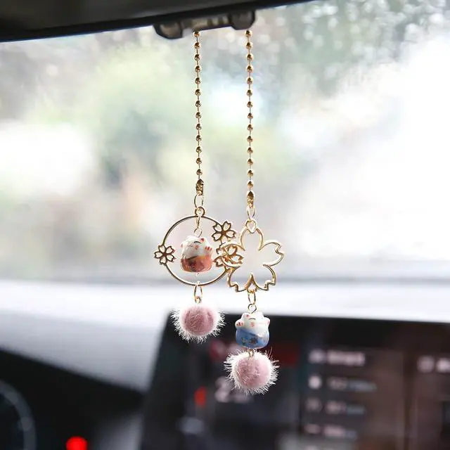 Alt view image 2 of 7 - Pair of Lucky Cat Car Interior Mirror Hanging Accessories Car Decor Mini Porcelain Maneki Neko Dangle Charm (Sakura Lucky Cat)