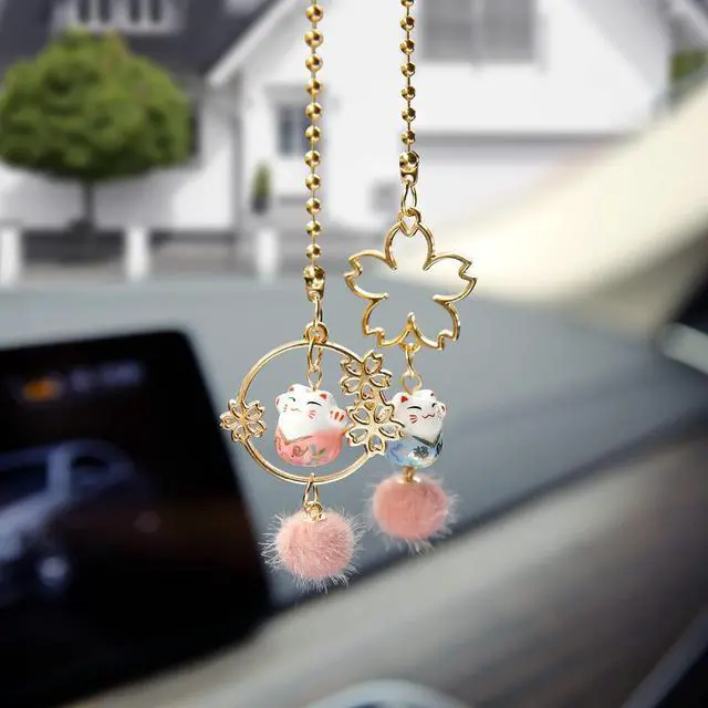 Main image of Pair of Lucky Cat Car Interior Mirror Hanging Accessories Car Decor Mini Porcelain Maneki Neko Dangle Charm (Sakura Lucky Cat)