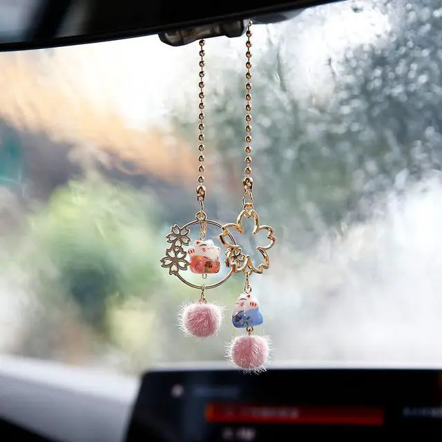 Alt view image 3 of 7 - Pair of Lucky Cat Car Interior Mirror Hanging Accessories Car Decor Mini Porcelain Maneki Neko Dangle Charm (Sakura Lucky Cat)
