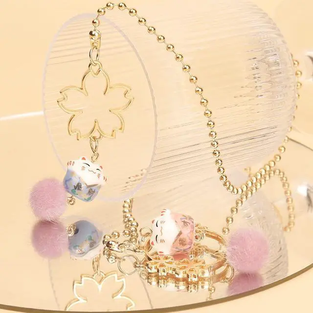 Alt view image 5 of 7 - Pair of Lucky Cat Car Interior Mirror Hanging Accessories Car Decor Mini Porcelain Maneki Neko Dangle Charm (Sakura Lucky Cat)
